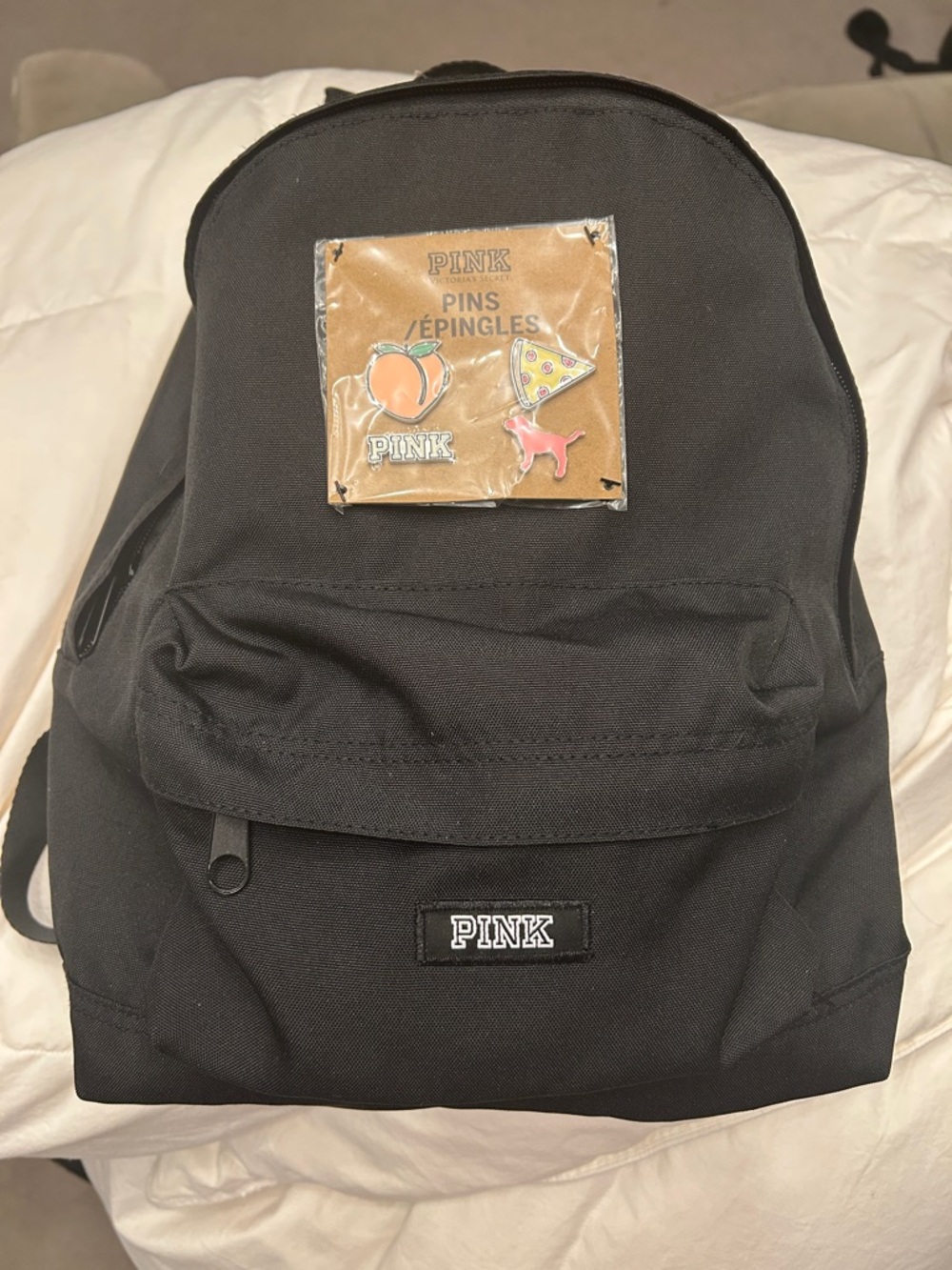 PINK Victoria's Secret Black Canvas Backpack with Enamel Pin Set